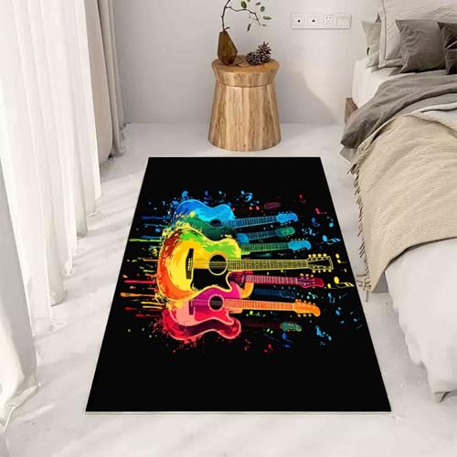 Kntnshac Rockmusik Thema Teppiche Kurzflor rutschfest Waschbare 200x200 cm, Gitarre Musiknoten Graffit Rock Teppich Weich fur Schlafzimmer Badezimmer Kinderzimmer Küche Balkon Wohnzimmer Esszimmer von Kntnshac