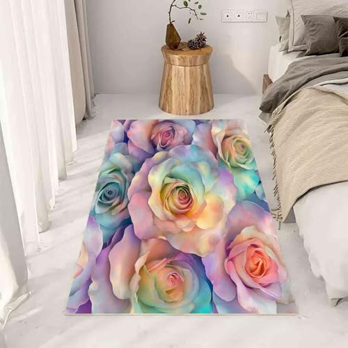 Kntnshac Rose Blumen Schmutzfangmatte rutschfest Waschbare, Pop Art Romantisch Blumenmuster Eingangsteppich Kleiner Teppich fur Wohnzimmer Schlafzimmer Küche Kinderzimmer 50x80 cm von Kntnshac