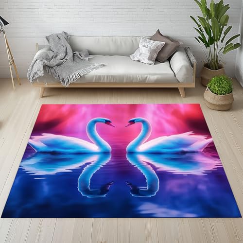 Kntnshac Schwan Vogel Teppiche Kurzflor rutschfest Waschbare 200x200 cm, Roter und Blauer See Tier Liebe Teppich Weich fur Schlafzimmer Badezimmer Kinderzimmer Küche Balkon Wohnzimmer Esszimmer von Kntnshac