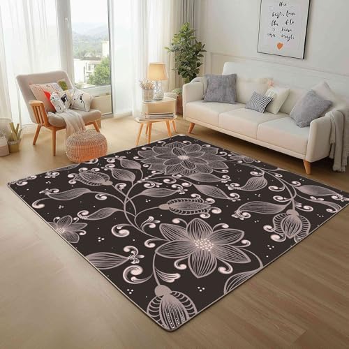 Kntnshac Skizzieren Blumen Teppich Wohnzimmer Flur rutschfest Waschbare, Vintage Boho Blüten Abstrakt Blumenmuster Teppiche Kurzflor fur Schlafzimmer Badezimmer Kinderzimmer Küche Balkon 120x170 cm von Kntnshac