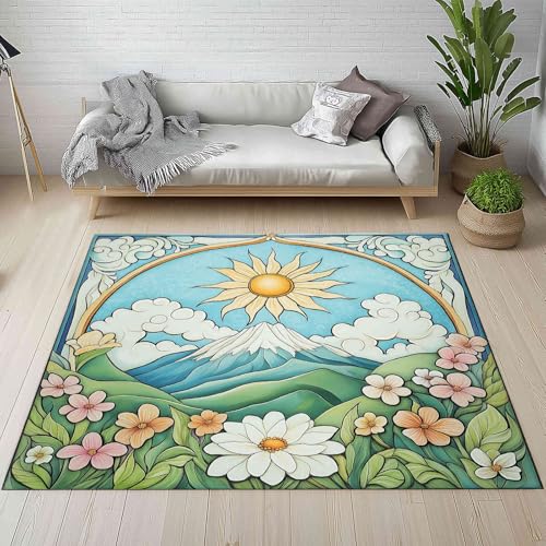 Kntnshac Sonnenaufgang Landschaft Teppich rutschfest Weich, Vintage Bohemian Blumen Schneeberg Teppiche Kurzflor Waschbare fur Schlafzimmer Badezimmer Kinderzimmer Wohnzimmer 240x340 cm von Kntnshac