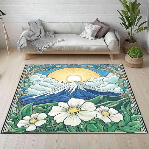 Kntnshac Sonnenaufgang Landschaft Teppich rutschfest Weich, Vintage Bohemian Blumen Schneeberg Teppiche Kurzflor Waschbare fur Schlafzimmer Badezimmer Kinderzimmer Wohnzimmer 80x120 cm von Kntnshac