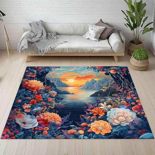 Kntnshac Sonnenuntergang Fluss Landschaft Teppich rutschfest Weich, Vintage Bohemian Blumen Gebirge Teppiche Kurzflor Waschbare fur Schlafzimmer Badezimmer Kinderzimmer Wohnzimmer 80x120 cm Kntnshac Sonnenuntergang Fluss Landschaft Teppich rutschfest Weich, Vintage Bohemian Blumen Gebirge Teppiche Kurzflor Waschbare fur Schlafzimmer Badezimmer Kinderzimmer Wohnzimmer 80x120 cm von Kntnshac