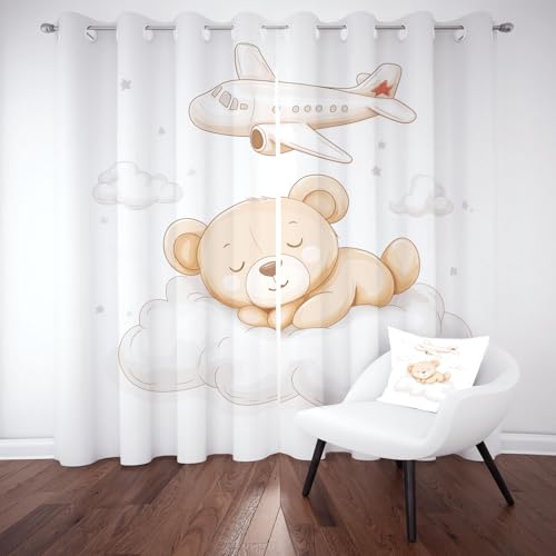 Kntnshac Süße Karikatur Bär Thermo Gardinen mit Ösen, Cartoon Flugzeug Blackout Curtain fur Schlafzimmer Wohnzimmer, Sternenhimmel Tier Schallschutz Vorhänge 2er Set 245 cm Lang 140 cm Breit von Kntnshac