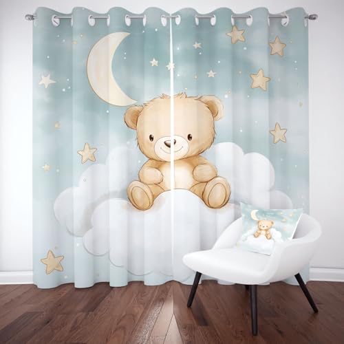 Kntnshac Süße Karikatur Bär Thermo Gardinen mit Ösen, Cartoon Tiere Blackout Curtain fur Schlafzimmer Wohnzimmer, Mond Sternenhimmel Schallschutz Vorhänge 2er Set 245 cm Lang 140 cm Breit von Kntnshac