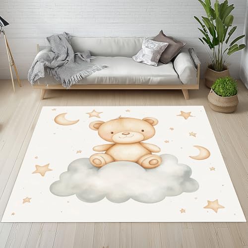 Kntnshac Süße Tiere Bär Schmutzfangmatte rutschfest Waschbare, Cartoon Tier Mond Sternenhimmel Eingangsteppich Kleiner Teppich fur Wohnzimmer Schlafzimmer Küche Kinderzimmer 50x80 cm von Kntnshac