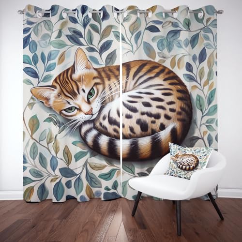Kntnshac Tierkatze Vorhänge Schlafzimmer, Pflanzenblätter Polyester Thermo Vorhang, Bunt Wohnzimmer Gardinen mit Ösen, 2er Set Curtains, H260 x B140 cm Kntnshac Tierkatze Vorhänge Schlafzimmer, Pflanzenblätter Polyester Thermo Vorhang, Bunt Wohnzimmer Gardinen mit Ösen, 2er Set Curtains, H260 x B140 cm von Kntnshac