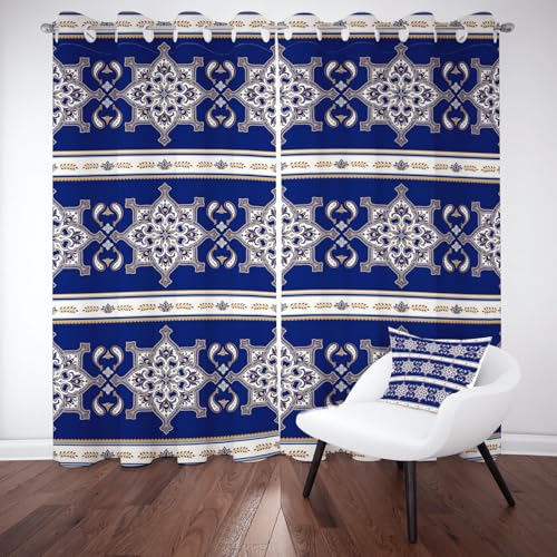Kntnshac Traditionell Ethnischer Raumteiler Vorhang Schallschutz, Orientalisch Aesthetic Gardinen mit Ösen, Blau Verdunklungsvorhänge Thermo Schlafzimmer, Curtains Living Room 2er Set 260x140 cm von Kntnshac