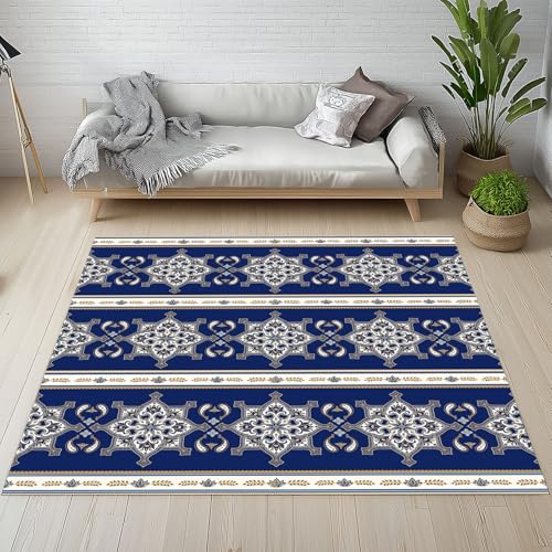 Kntnshac Traditionell Ethnischer Schmutzfangmatte rutschfest Waschbare, Orientalisch Aesthetic Blau Eingangsteppich Kleiner Teppich fur Wohnzimmer Schlafzimmer Küche Kinderzimmer 50x80 cm von Kntnshac