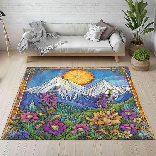 Kntnshac Vintage Bohemian Teppich rutschfest Weich, Sonnenaufgang Schneeberg Landschaft Blumen Dschungel Teppiche Kurzflor Waschbare fur Schlafzimmer Badezimmer Kinderzimmer Wohnzimmer 80x120 cm von Kntnshac