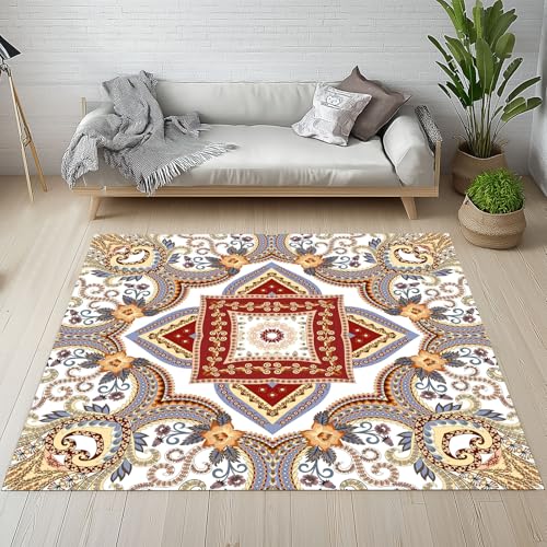 Kntnshac Vintage Bohemian Teppich rutschfest Weich 100x150 cm, Blumen Medaillon Boho Mandala Ethnische Teppiche Waschbare Flur Kurzflor fur Wohnzimmer Kinderzimmer Schlafzimmer Küche Bettvorleger von Kntnshac