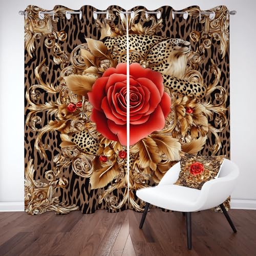 Kntnshac Vintage Leopardenmuster Verdunklungsvorhänge Blickdicht, Luxus Tierfell Gardinen mit Ösen, Rote Rose Blumen Schallschutz Vorhang Thermo Wohnzimmer 2er Set 229 cm Lang 168 cm Breit von Kntnshac