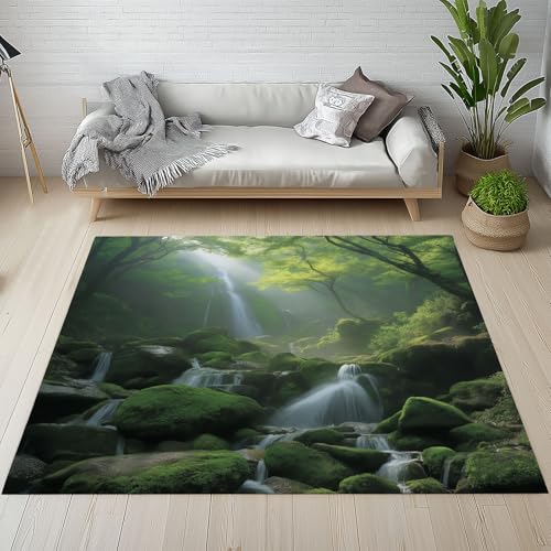 Kntnshac Wasserfall Wald Schmutzfangmatte rutschfest Waschbare, Natur Dschungel Regenwald Landschaft Eingangsteppich Kleiner Teppich fur Wohnzimmer Schlafzimmer Küche Kinderzimmer 50x80 cm von Kntnshac
