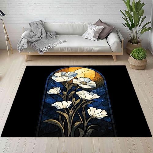 Kntnshac Weiß Mohnblume Teppich rutschfest Weich 100x150 cm, Abstrakt Mond Linie Vintage Glasmalerei Teppiche Waschbare Flur Kurzflor fur Wohnzimmer Kinderzimmer Schlafzimmer Küche Bettvorleger Kntnshac Weiß Mohnblume Teppich rutschfest Weich 100x150 cm, Abstrakt Mond Linie Vintage Glasmalerei Teppiche Waschbare Flur Kurzflor fur Wohnzimmer Kinderzimmer Schlafzimmer Küche Bettvorleger von Kntnshac