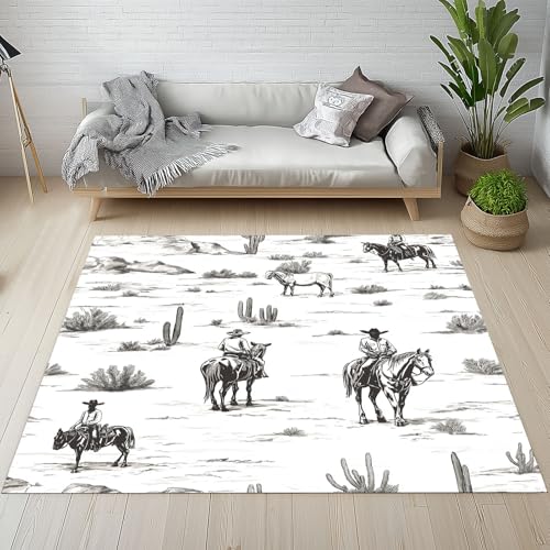 Kntnshac Western Cowboy Schmutzfangmatte rutschfest Waschbare, Wüste Kaktus Schwarz und Weiß Eingangsteppich Kleiner Teppich fur Wohnzimmer Schlafzimmer Küche Kinderzimmer 50x80 cm von Kntnshac