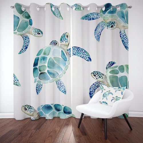 Meeresschildkröten Tiere Blackout Curtain, Ozean Meerestiere Verdunklungsvorhänge Blickdichte, Süßer Tier Thermovorhang Schlafzimmer Wohnzimmer Kälteschutz Schallschutz mit Ösen 2er Set 225x140cm von Kntnshac