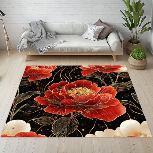 Pfingstrose Blumen Teppich Wohnzimmer Flur Rutschfest Waschbare, Vintage luxuriös Floral Pflanzen Blätter Blüten Teppiche Kurzflor fur Schlafzimmer Badezimmer Kinderzimmer Küche Balkon 120x170 cm Pfingstrose Blumen Teppich Wohnzimmer Flur Rutschfest Waschbare, Vintage luxuriös Floral Pflanzen Blätter Blüten Teppiche Kurzflor fur Schlafzimmer Badezimmer Kinderzimmer Küche Balkon 120x170 cm von Kntnshac