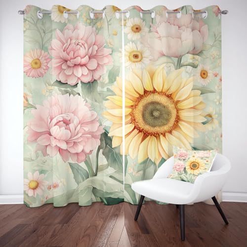 Pfingstrose Sonnenblume Vorhang mit Ösen Verdunkelung, Aquarell Floral Verdunkelungsvorhänge Schlafzimmer, Rustikal Pastoral Blüten Gardinen Blickdicht mit Ösen Thermo Schallschutz 2er Set 160x106 cm Pfingstrose Sonnenblume Vorhang mit Ösen Verdunkelung, Aquarell Floral Verdunkelungsvorhänge Schlafzimmer, Rustikal Pastoral Blüten Gardinen Blickdicht mit Ösen Thermo Schallschutz 2er Set 160x106 cm von Kntnshac
