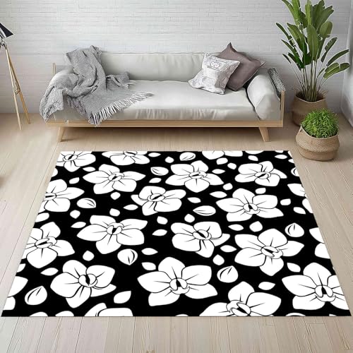 Phalaenopsis Blumen Teppich Wohnzimmer 200x300, Schwarz Weiß Floral Pflanzen Blüten Teppiche Kurzflor Rutschfest Waschbare Weich fur Schlafzimmer Badezimmer Kinderzimmer Küche Balkon Esszimmer von Kntnshac