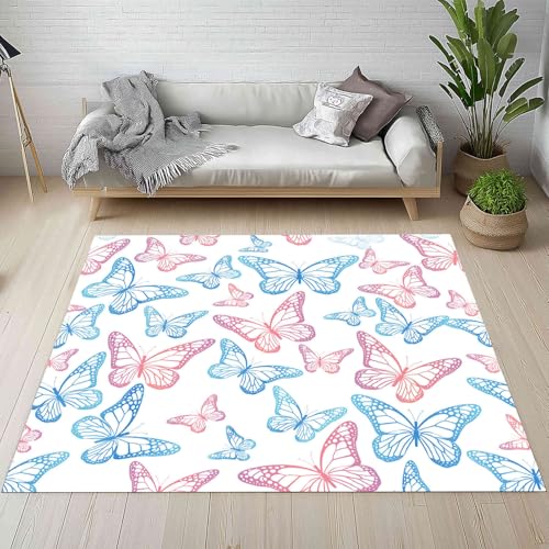 Rot Blau Schmetterling Teppich Flur Rutschfest Waschbare 140x200 cm, Romantisch Insekt Moderne Ästhetik Teppiche Weich Kurzflor fur Schlafzimmer Badezimmer Wohnzimmer Kinderzimmer Balkon Esszimmer von Kntnshac