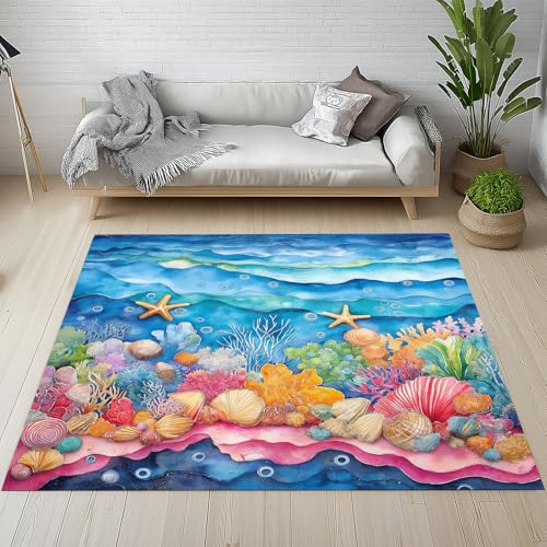 Seestern Korallen Muschel Teppiche Kurzflor Rutschfest Waschbare 200x200 cm, Aquarell Unterwasserwelt Meereslebewesen Teppich Weich fur Schlafzimmer Kinderzimmer Küche Balkon Wohnzimmer Esszimmer von Kntnshac