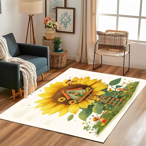 Sonnenblume Blumen Teppich Wohnzimmer 200x300, Karikatur Baumhaus Pflanzen Blätter Teppiche Kurzflor Rutschfest Waschbare Weich fur Schlafzimmer Badezimmer Kinderzimmer Küche Balkon Esszimmer von Kntnshac