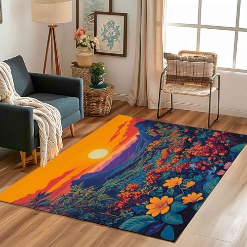 Sonnenuntergang Landschaft Teppiche Kurzflor Rutschfest Waschbare 200x200 cm, Blumen Dschungel Gebirge Vintage Bohemian Teppich Weich fur Schlafzimmer Kinderzimmer Balkon Wohnzimmer Esszimmer von Kntnshac