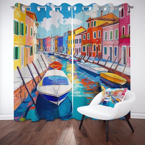 Venedig Stadt Thermo Gardinen mit Ösen, Buntes Haus Boot Blackout Curtain fur Schlafzimmer Wohnzimmer, Ölgemälde Landschaft Schallschutz Vorhänge 2er Set 245 cm Lang 140 cm Breit Venedig Stadt Thermo Gardinen mit Ösen, Buntes Haus Boot Blackout Curtain fur Schlafzimmer Wohnzimmer, Ölgemälde Landschaft Schallschutz Vorhänge 2er Set 245 cm Lang 140 cm Breit von Kntnshac