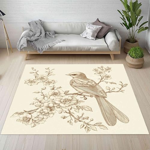 Vintage Blumen Vögel Teppich Wohnzimmer 200x300, Pflanzen Floral Bauernhaus Rustikal Teppiche Kurzflor Rutschfest Waschbare Weich fur Schlafzimmer Badezimmer Kinderzimmer Küche Balkon Esszimmer von Kntnshac