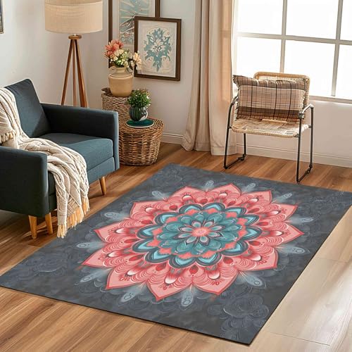 Vintage Bohemian Teppich Flur Rutschfest Waschbare 140x200 cm, Boho Mandala Blumen Medaillon Teppiche Weich Kurzflor fur Schlafzimmer Badezimmer Wohnzimmer Kinderzimmer Küche Balkon Esszimmer von Kntnshac