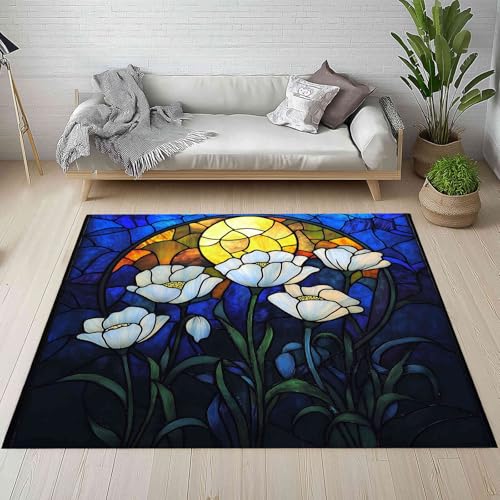 Vintage Glasmalerei Teppich Flur Rutschfest Waschbare 140x200 cm, Abstrakt Mond Linie Weiß Blumen Teppiche Weich Kurzflor fur Schlafzimmer Badezimmer Wohnzimmer Kinderzimmer Küche Balkon Esszimmer Vintage Glasmalerei Teppich Flur Rutschfest Waschbare 140x200 cm, Abstrakt Mond Linie Weiß Blumen Teppiche Weich Kurzflor fur Schlafzimmer Badezimmer Wohnzimmer Kinderzimmer Küche Balkon Esszimmer von Kntnshac