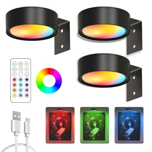 Magnetisches Mallicht Mit 13 Beleuchtungsmodi, Magnetische LED Bilderleuchte, Bilderleuchte Kabellos Mit Fernbedienung Und Timer, für Bilder Dartboard Fotorahmen Portrait (Schwarz-13-Farben, 3Pcs) von Knubbuf