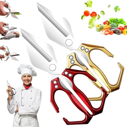 Seattleget Multifunctional Heavy-Duty Kitchen Shears, All-Purpose Stainless Steel Scissors, Sharp Chicken Bone Scissors, for Chicken, Meat, Seafood, Bone Cutting (Red+Gold) von Knubbuf