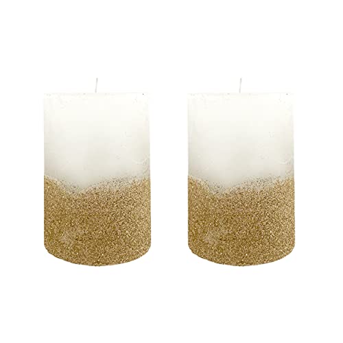 Knüllermarkt 32899 I Stumpenkerzen Weiss mit goldenem Glitzer 2er Set Kerzen Dekoration deko gemütlich Flair Gestecke Gesteck Weihnachten Weihnachtszeit Geburtstage Hochzeit Tischdeko Fensterbank von Knüllermarkt