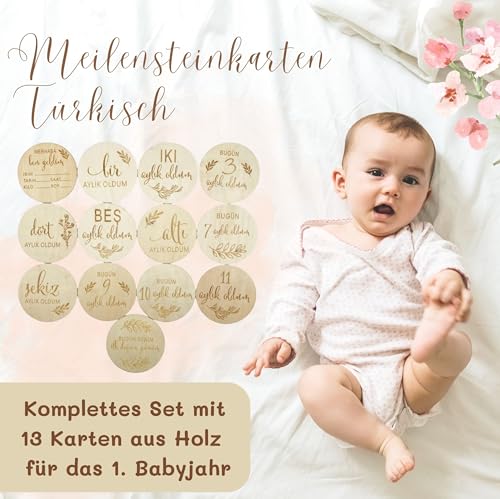 Knüllermarkt Holz Meilensteine türkisch 1.-12. Monat Ø ca. 12,5 cm Natur Baby Accessoire Geburt von Knüllermarkt