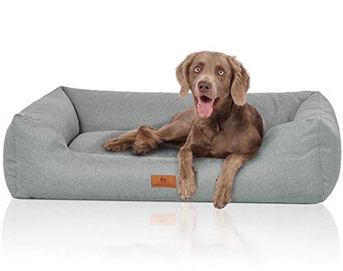 Knuffelwuff Hundebett Emma aus Velours mit feinem Handwebcharakter in Pastellfarben XL 105 x 75cm Petrol - Abnehmbarer Bezug - leicht zu reinigen - für große, mittelgroße und kleine Hunde von Knuffelwuff