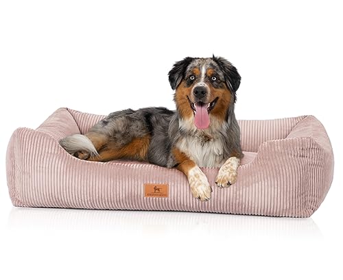 Knuffelwuff Hundebett aus Cord mit handgewebtem Charakter Olivia XXL, 120 x 85 cm, Rosa, Abnehmbarer Bezug, waschbar, für große, mittlere und kleine Hunde von Knuffelwuff