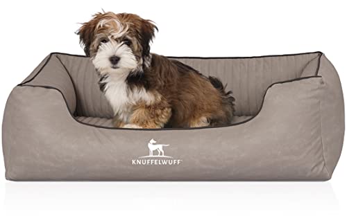 Knuffelwuff Orthopädisches Hundebett Columbia aus Laser-gestepptem Kunstleder M-L 85 x 63cm Hellgrau - Abnehmbarer Bezug - leicht zu reinigen - für große, mittelgroße und kleine Hunde von Knuffelwuff