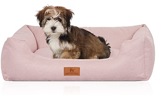 Knuffelwuff Hundebett Emma aus Velours mit feinem Handwebcharakter in Pastellfarben M-L 85 x 63cm Rosa - Abnehmbarer Bezug - leicht zu reinigen - für große, mittelgroße und kleine Hunde von Knuffelwuff