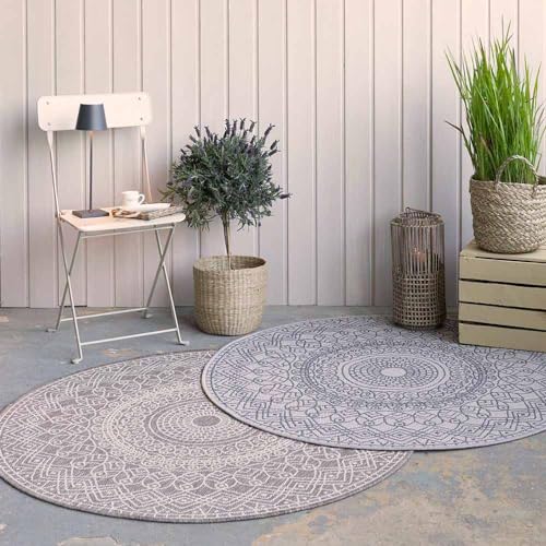 Knutzen Wohnen Palma In- & Outdoor Teppich Rund wetterfest Ø 120 cm Beige - Boho Teppich - Mandala Teppich - dekoratives Element für den Innen- oder Außenbereich von Knutzen Wohnen