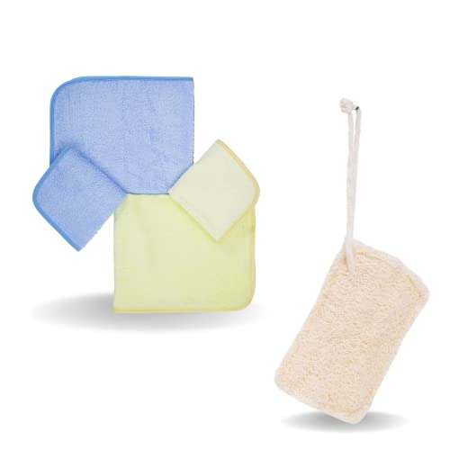 Ko&Pro XXL 100% Bambustücher-Set | 4 Tücher in 2 Größen + 1x Luffaschwamm | Mehrzweck-Reinigungstücher für streifenfreie Reinigung von Hochglanz-Küchen, Bad, Haushalt, Küche + DIY-Rezeptesammlung von Ko&Pro