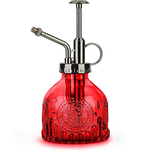 KoGiio Pflanzen Glas Sprühflasche, 200ml Retro Relief Pflanzensprüher mit Pumpe, Fortschrittlich Blumen Zerstäuber Drucksprüher für Balkon Kleiner Gartenpflanzen Indoor Haus Oder Büro-Rot von KoGiio