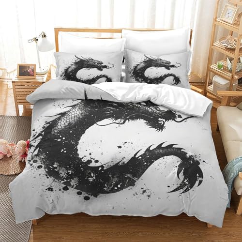 KoNsev Drache Bettwäsche Double（200x200cm） Bettwaesche Bettbezug & Kissenbezug 3 Teilig Set 3D Duvet Cover, Bettdecke, Bettbezüge Mit Reißverschluss von KoNsev