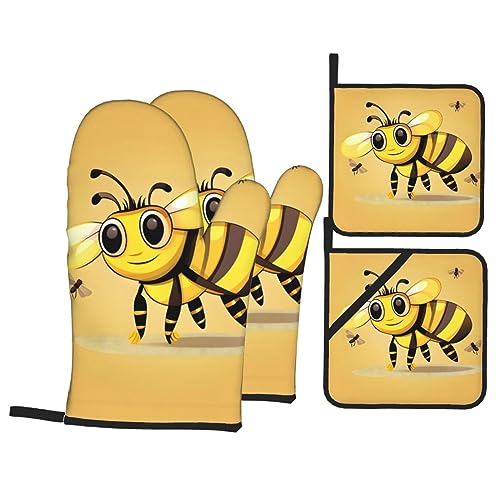 Niedliches Cartoon-Bienen-rutschfeste Ofenhandschuh-Set, lange, flexible dicke Handschuhe zum Kochen, Grillen, Küchenhandschuh, Topflappen von KoNsev