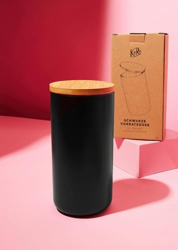 KoRo - Schwarze Vorratsdose aus Steingut mit Bambusdeckel 1180 ml - Oberfläche mattschwarz - Lebensmittelecht - Deckel mit Silikondichtung von KoRo