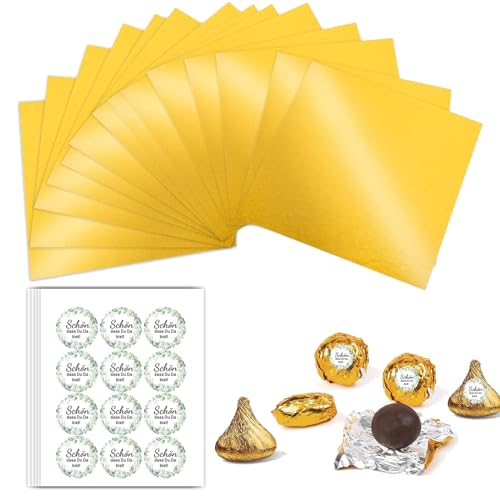 KOBOKO 100 Stück Alufolie Gold Papier Wrapper, Alufolie Schokoladen Verpackung Papier, Geschenkpapier Aus Aluminiumfolie Bonbonpapier mit Sticker, Geeignet für Hochzeitsfeiern, Geburtstagsfeiern von Koboko