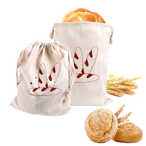 KOBOKO 2 Stück Brotbeutel, Brotsack mit Kordelzug, 40 × 30 cm Brotbeutel Leinen, Wiederverwendbar zur Brotaufbewahrung, Brotbeutel Aufbewahrung Frischhalten, für Brot, Baguette, Obst, Gemüse von Koboko