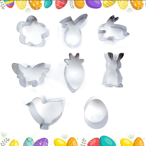 KOBOKO Ausstechformen Ostern, 8 Stück Keksausstecher Ostern klein, Edelstahl Keksausstecher Kaninchen, Ausstechform Ostern Set, für Backen Ei, Karotte, Hase, Küken, Schmetterling, Blume von Koboko