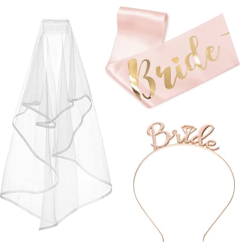 KOBOKO Bride To Be, White Bridal Veil JGA Sash Rose Gold Headband Tiara, Junggesellenabschied Frauen, Bride To Be Deko, Pack of 3, Jga Accessoires Frauen, Decoration Veil Bride Bachelorette Party von Koboko