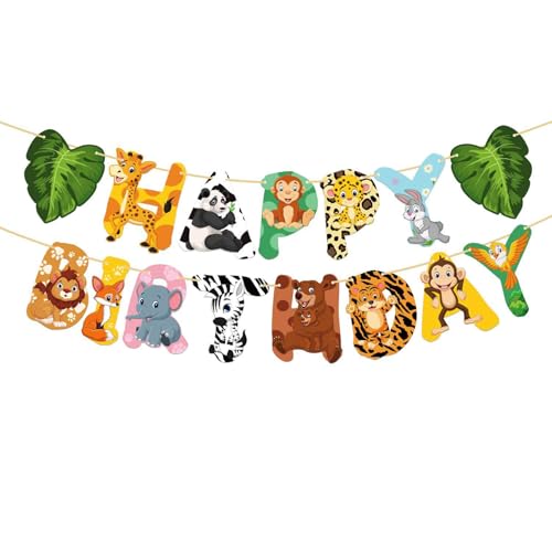 KOBOKO Dschungel Happy Birthday Girlande,Waldtiere Girlande Geburtstag,Safari Deko Happy Birthday Banner,Geburtstagsdeko Kinder,Dschungel Deko Geburtstag,Geburtstagsgirlande für Kindergeburtstag Deko von Koboko